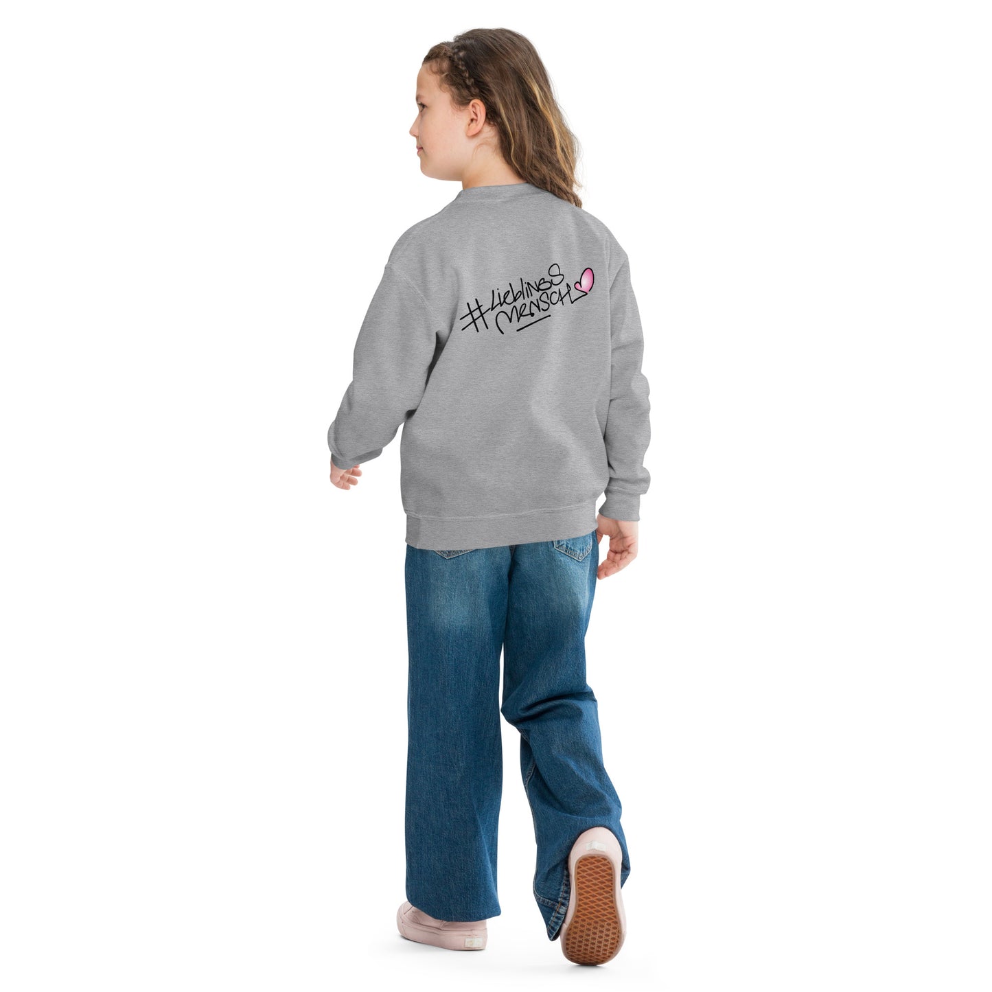 Klassischer Jugend-Sweater mit #Lieblingsmensch Aufdruck in regulärer Passform mit doppelt vernähten Nähten – leicht, warm und maschinenwaschbar