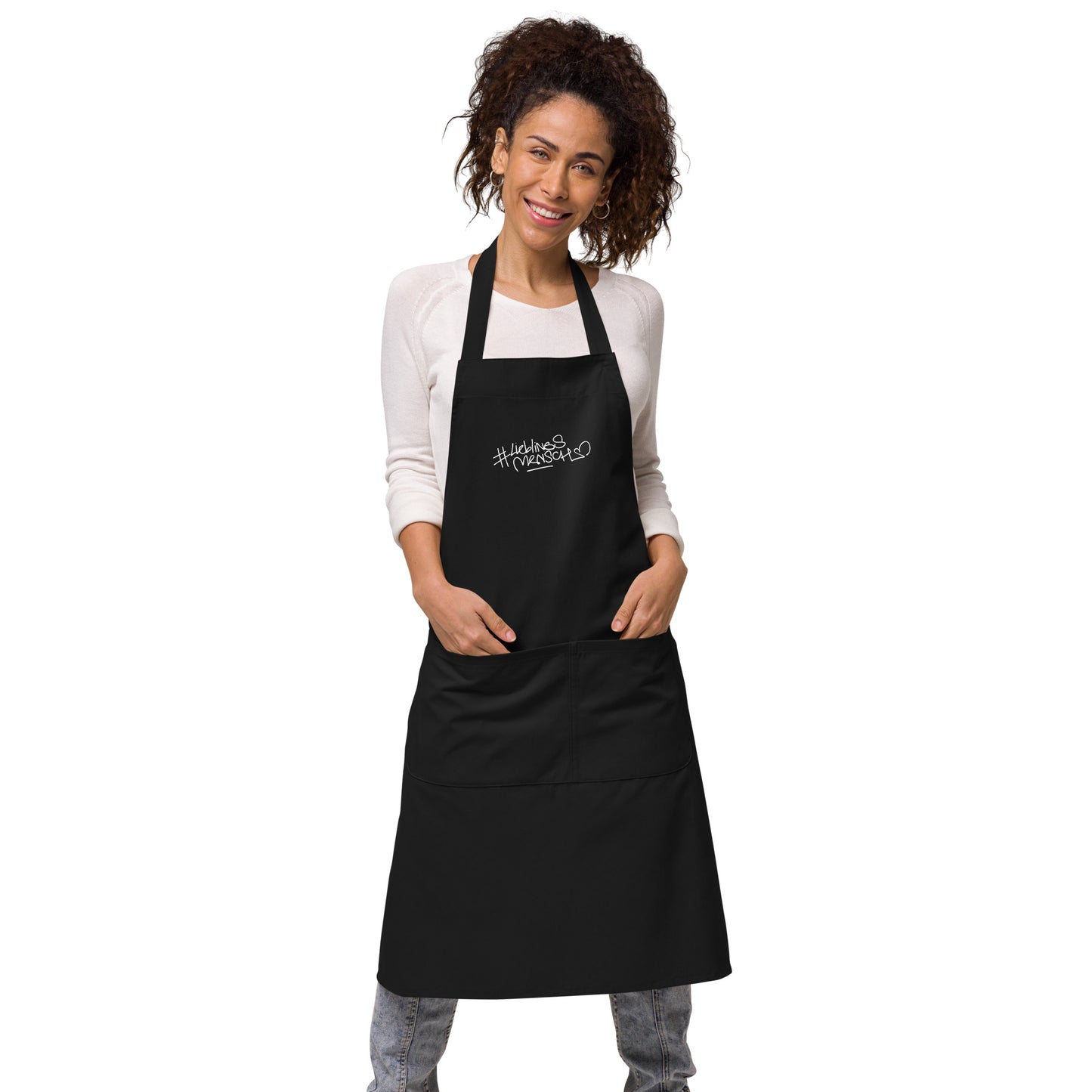 Stilvolle #Lieblingsmensch-Schürze aus Bio-Baumwolle mit geteilter Vordertasche – ideal zum Kochen oder als Geschenk