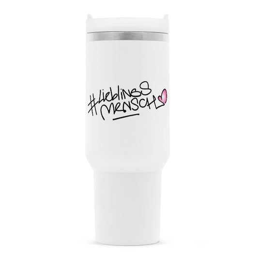 Extra großer Thermo-Reisebecher mit Griff, Deckel und Strohhalm – 1200 ml, stilvoller Becher mit #Lieblingsmensch-Design für unterwegs
