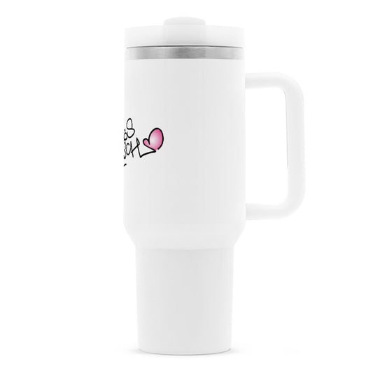 Extra großer Thermo-Reisebecher mit Griff, Deckel und Strohhalm – 1200 ml, stilvoller Becher mit #Lieblingsmensch-Design für unterwegs